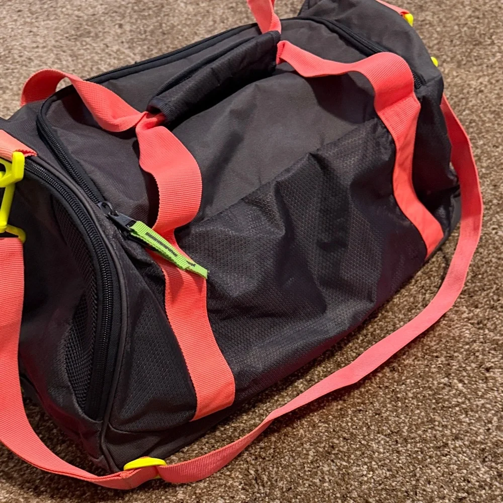 adidas Black Duffel with Coral Straps and Neon Yellow Accents